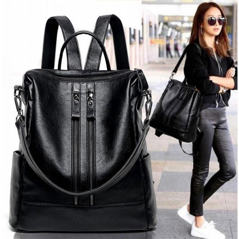 Women Bags For Office - 여성 부드러운 가죽 배낭 학교 블랙